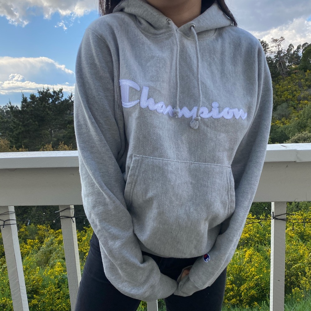 Champion Logo Reverse Weave Light Grey Hoodie